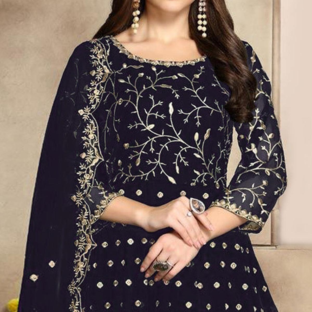 Navy Blue Floral Embroidered Georgette Anarkali Suit - Peachmode