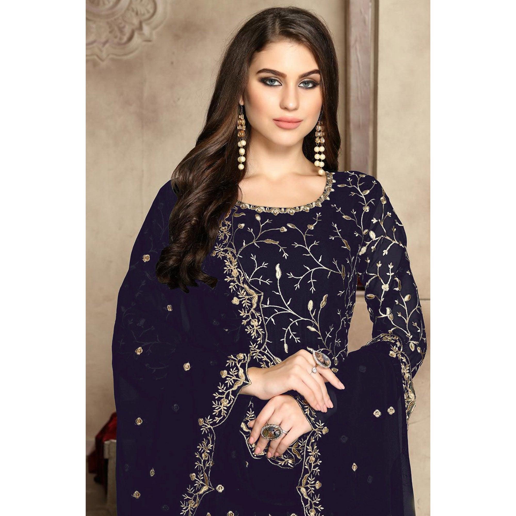 Navy Blue Floral Embroidered Georgette Anarkali Suit - Peachmode