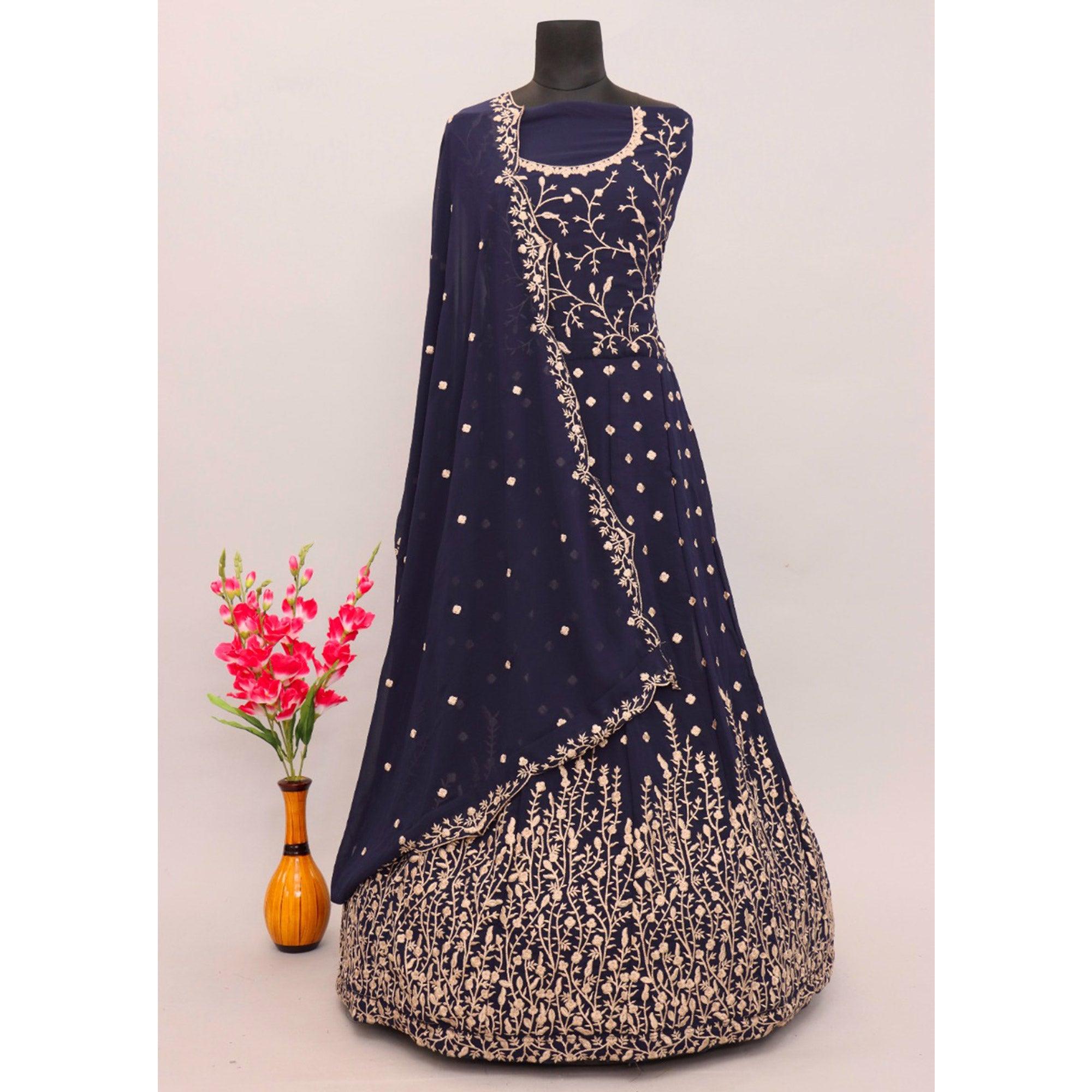 Navy Blue Floral Embroidered Georgette Anarkali Suit - Peachmode