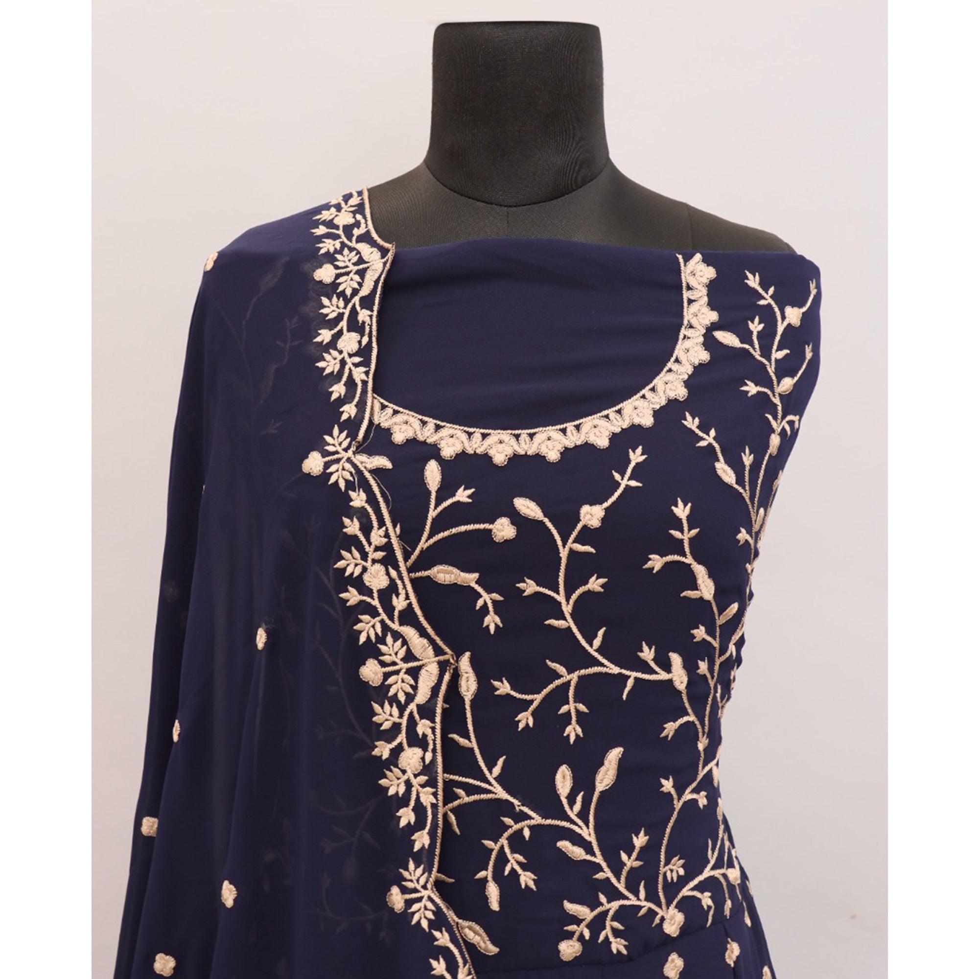 Navy Blue Floral Embroidered Georgette Anarkali Suit - Peachmode