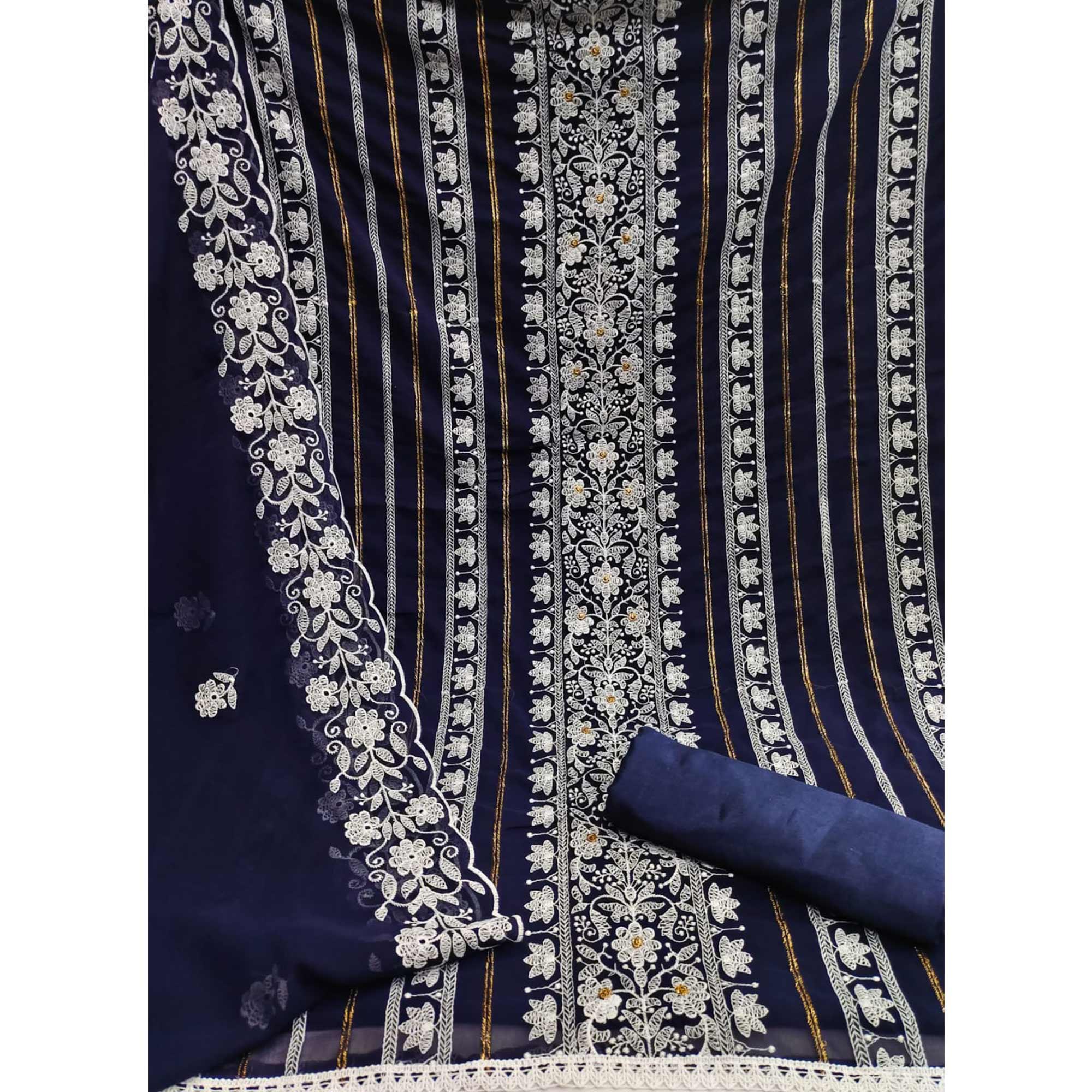 Navy Blue Floral Embroidered Georgette Dress Material - Peachmode