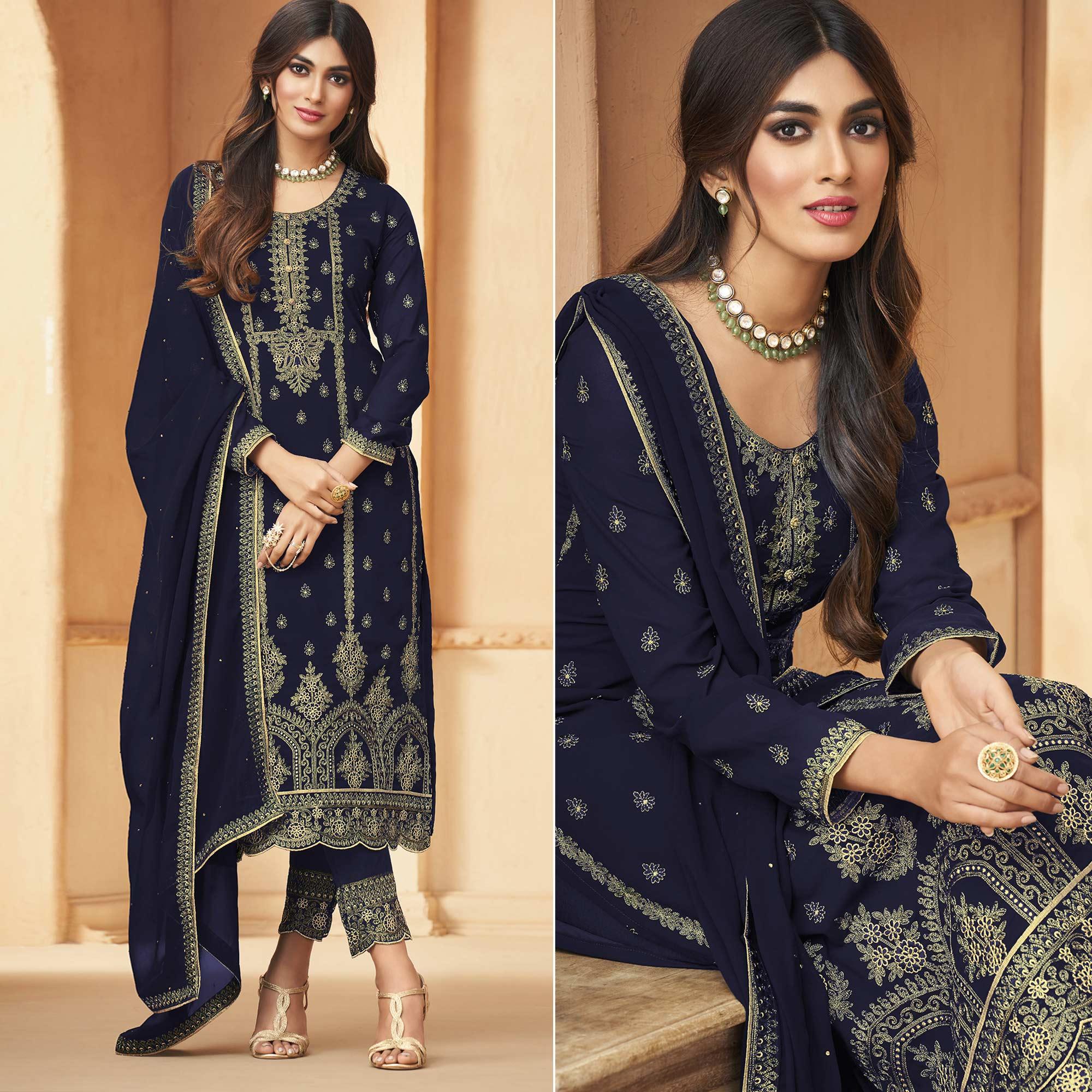 Navy Blue Floral Embroidered Georgette Pakistani Suit - Peachmode