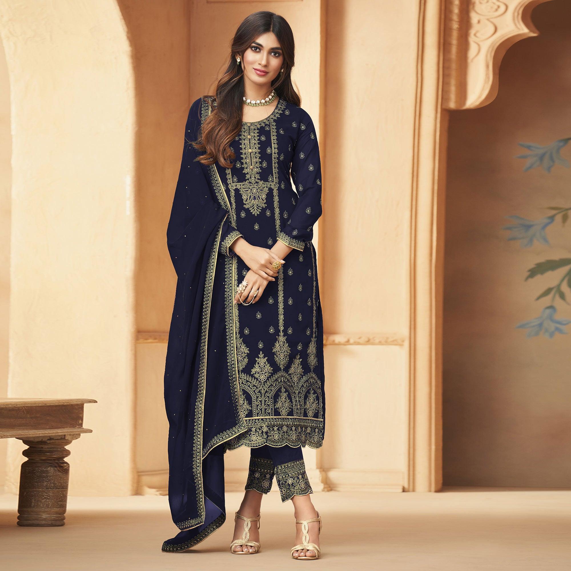 Navy Blue Floral Embroidered Georgette Pakistani Suit - Peachmode