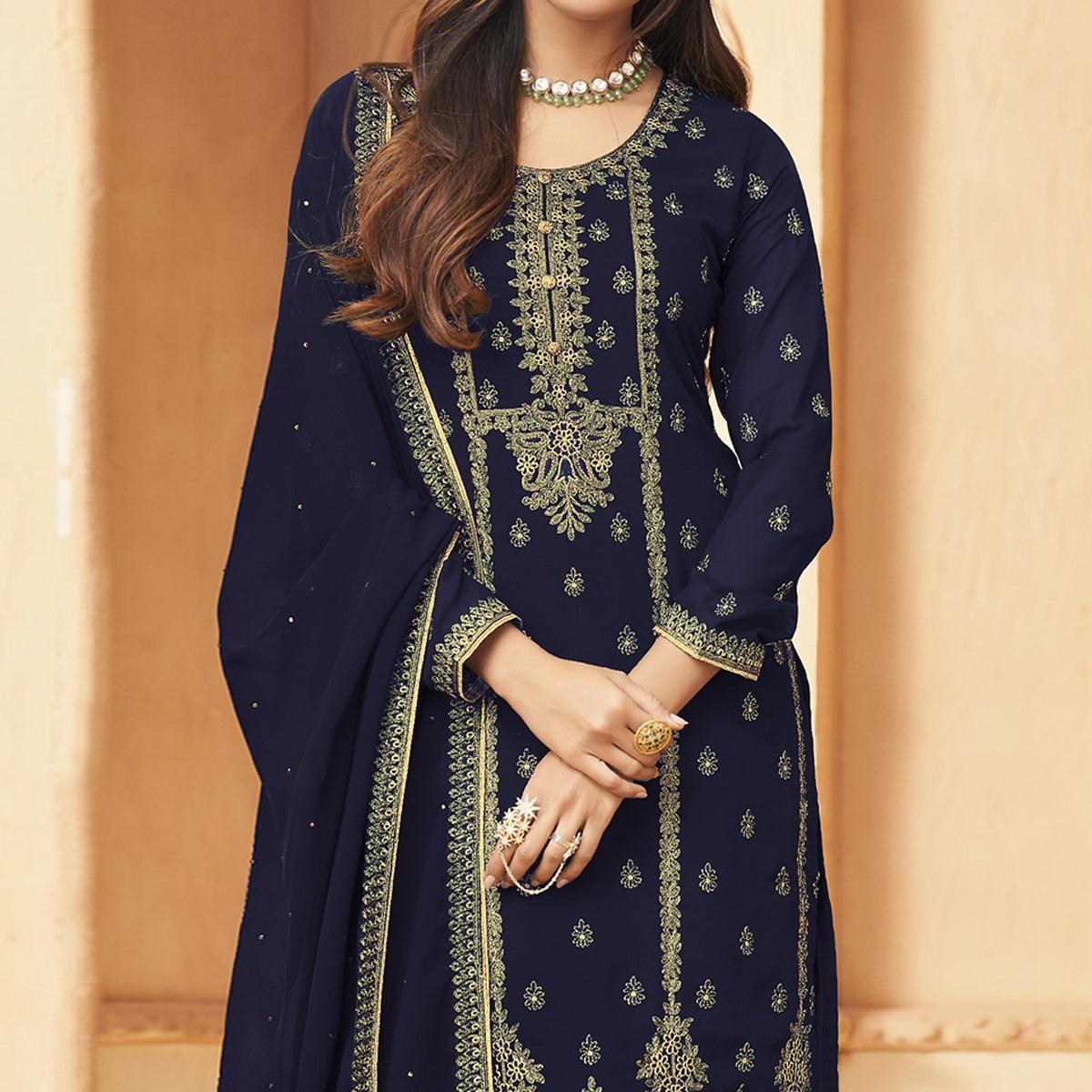Navy Blue Floral Embroidered Georgette Pakistani Suit - Peachmode