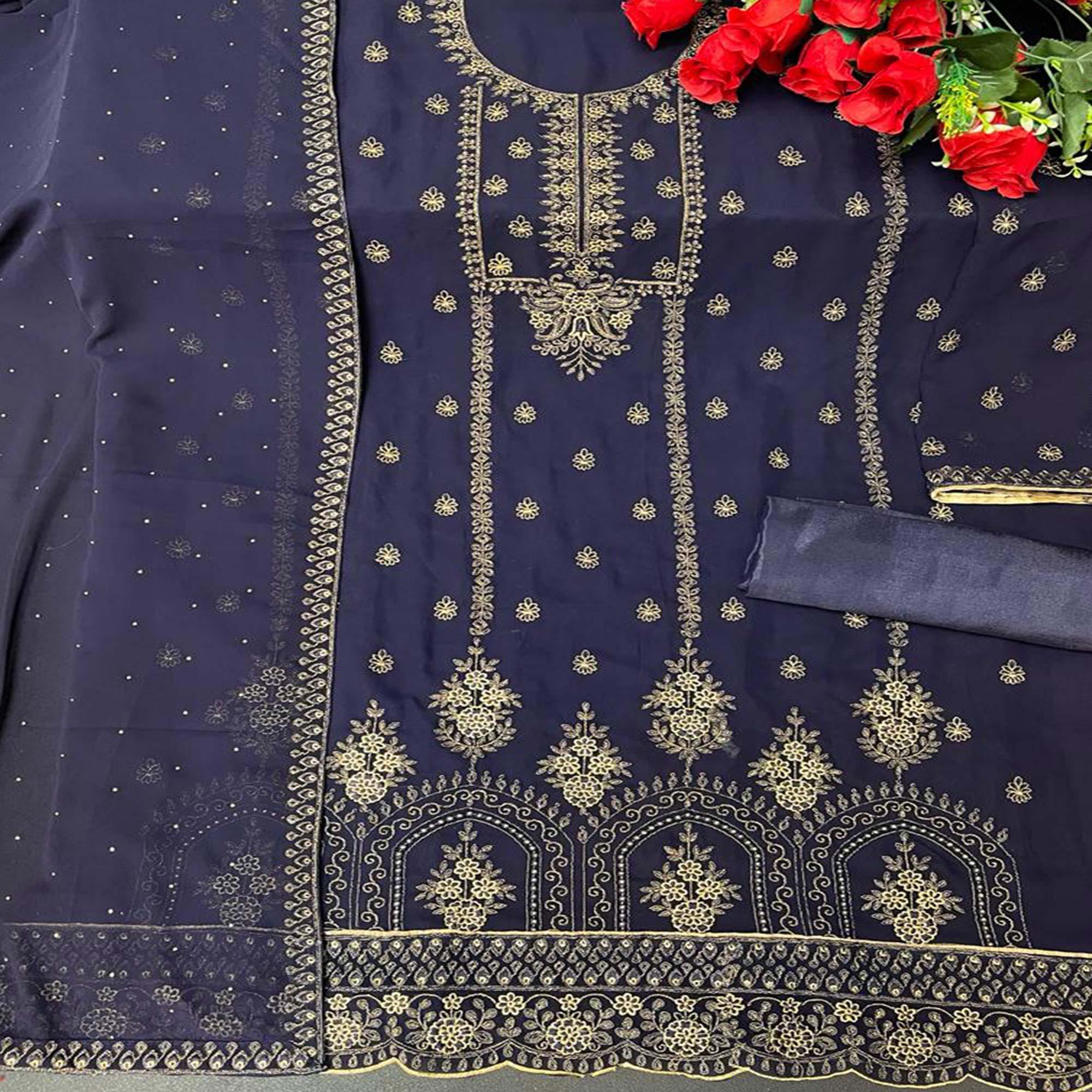 Navy Blue Floral Embroidered Georgette Pakistani Suit - Peachmode