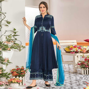 Navy Blue Floral Embroidered Muslin Palazzo Suit - Peachmode