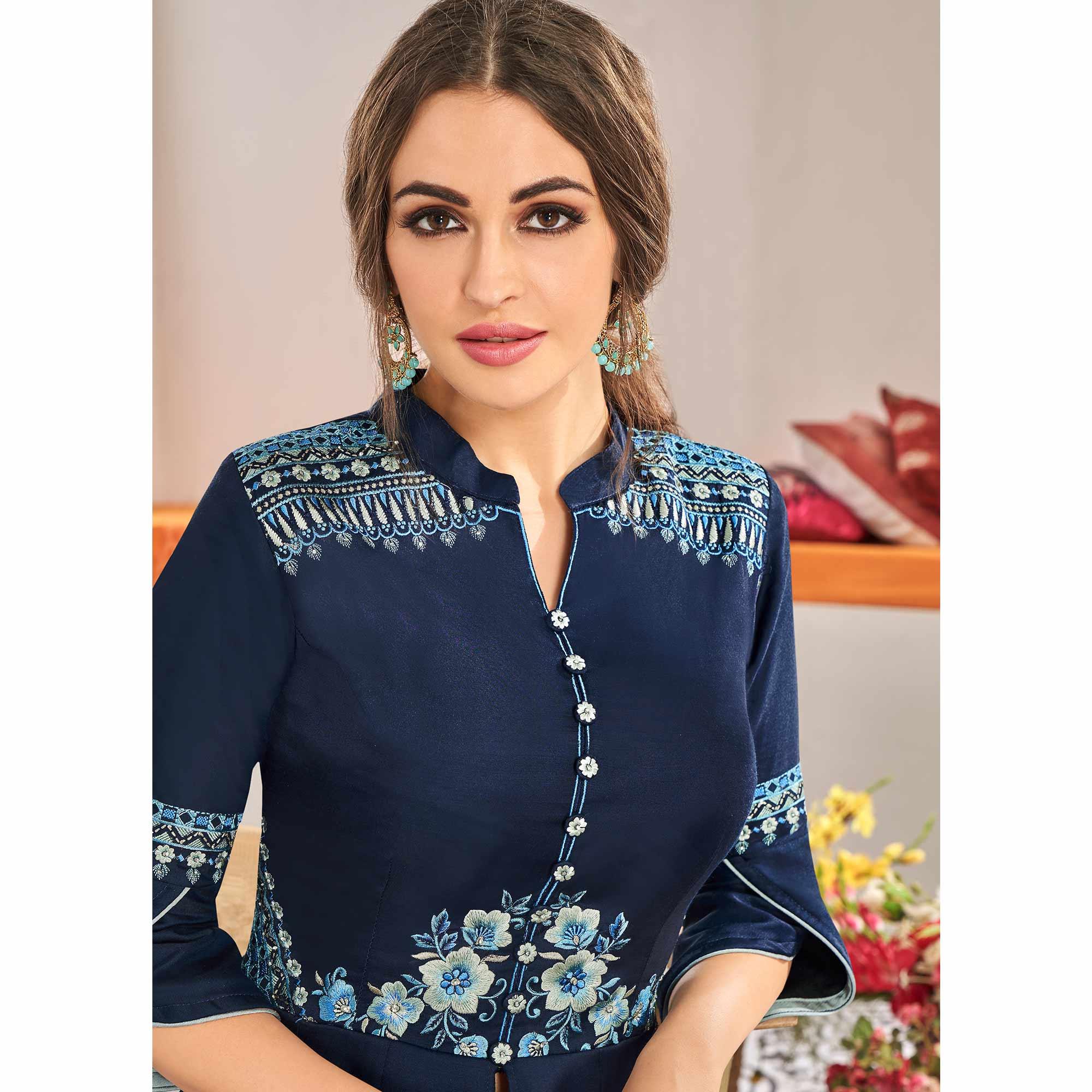 Navy Blue Floral Embroidered Muslin Palazzo Suit - Peachmode