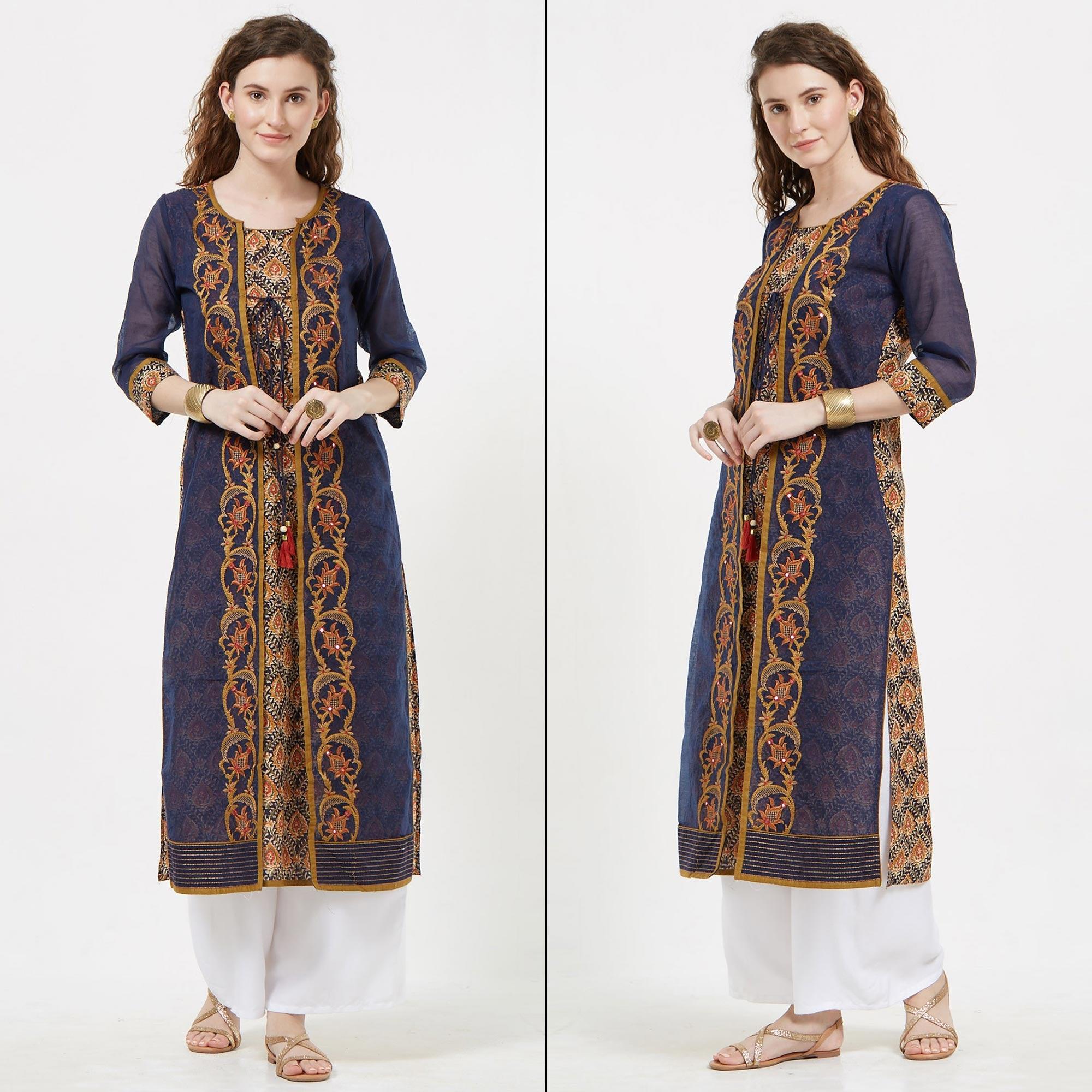 Navy Blue Floral Embroidered Pure Cotton Long Kurti - Peachmode