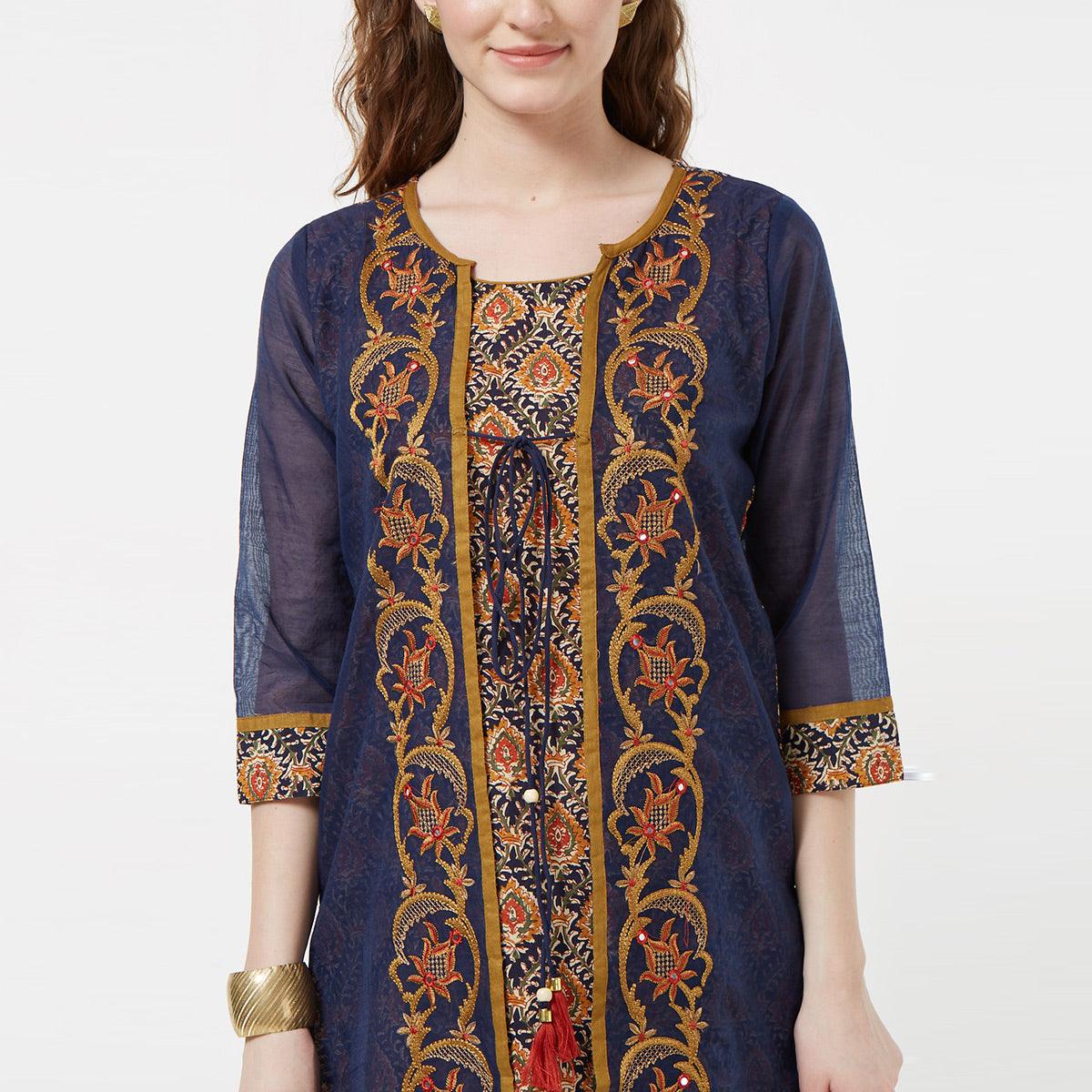 Navy Blue Floral Embroidered Pure Cotton Long Kurti - Peachmode