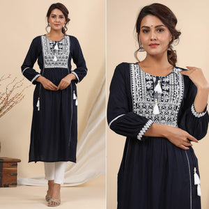 Navy Blue Floral Embroidered Rayon Kurti - Peachmode