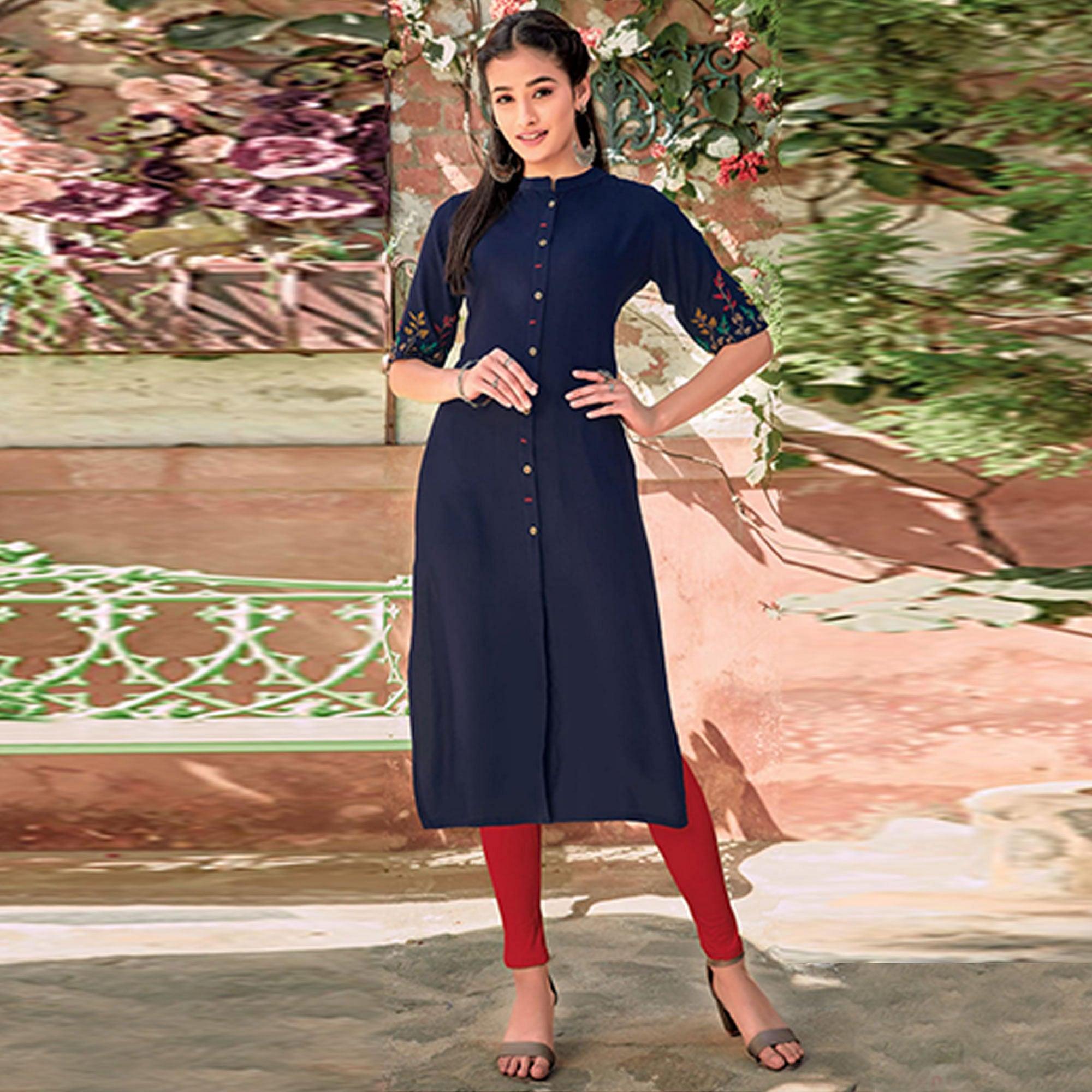 Navy Blue Floral Embroidered Rayon Kurti - Peachmode