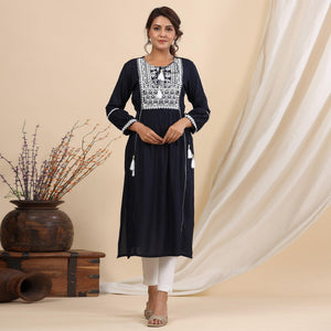 Navy Blue Floral Embroidered Rayon Kurti - Peachmode