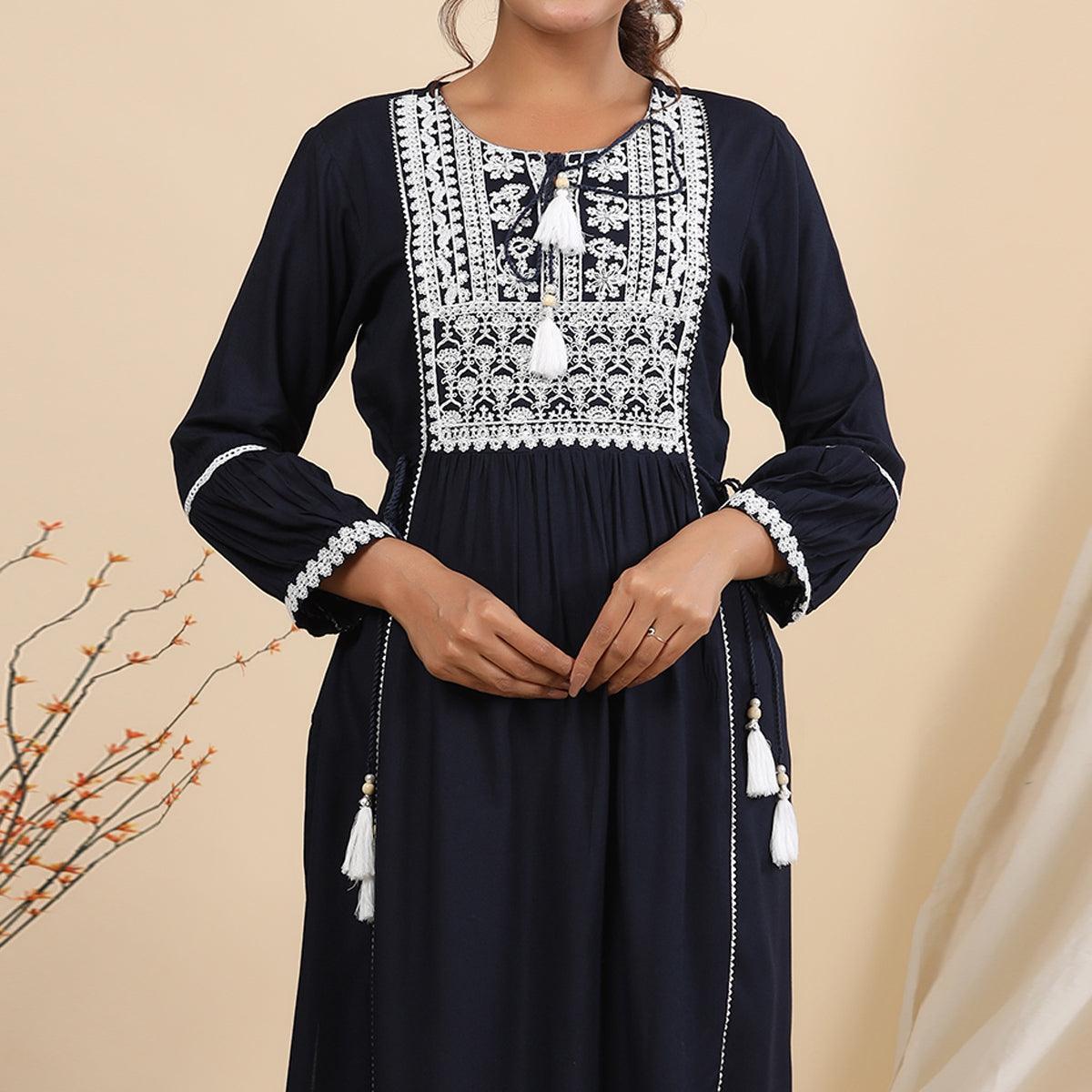 Navy Blue Floral Embroidered Rayon Kurti - Peachmode
