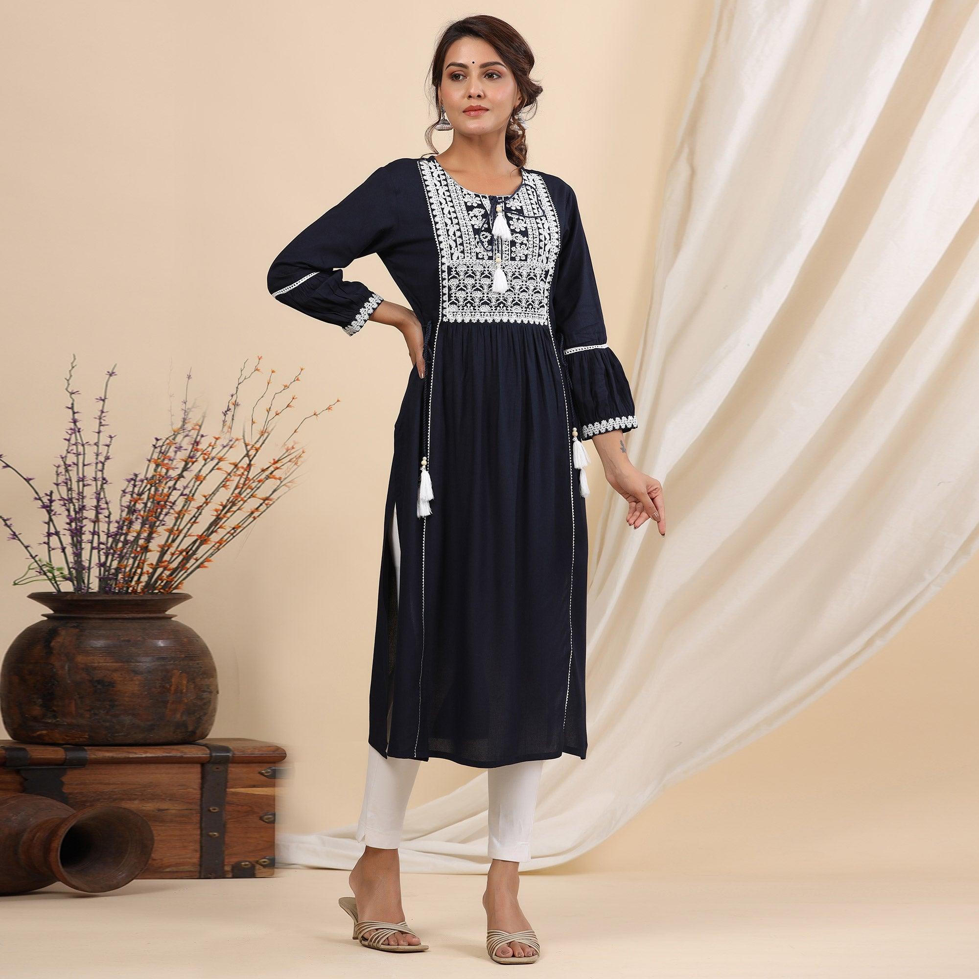 Navy Blue Floral Embroidered Rayon Kurti - Peachmode