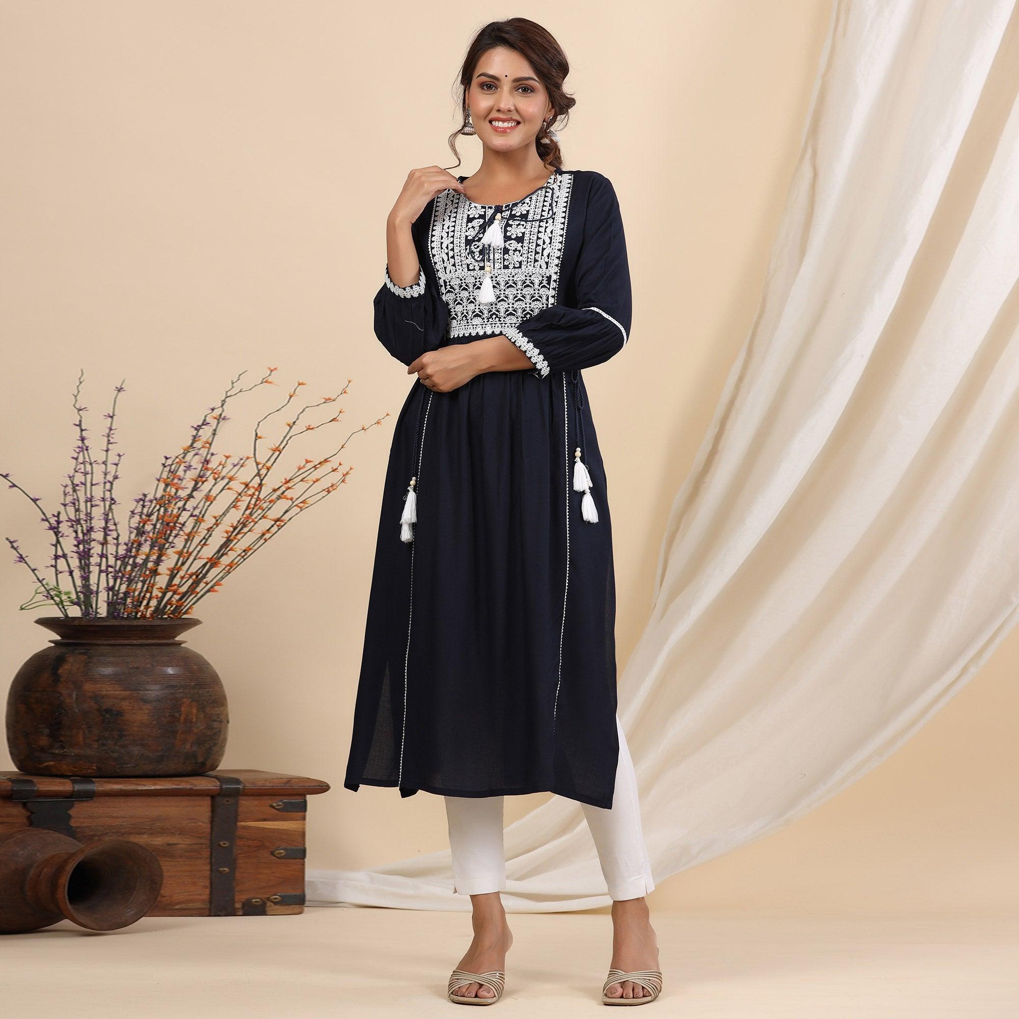 Navy Blue Floral Embroidered Rayon Kurti - Peachmode