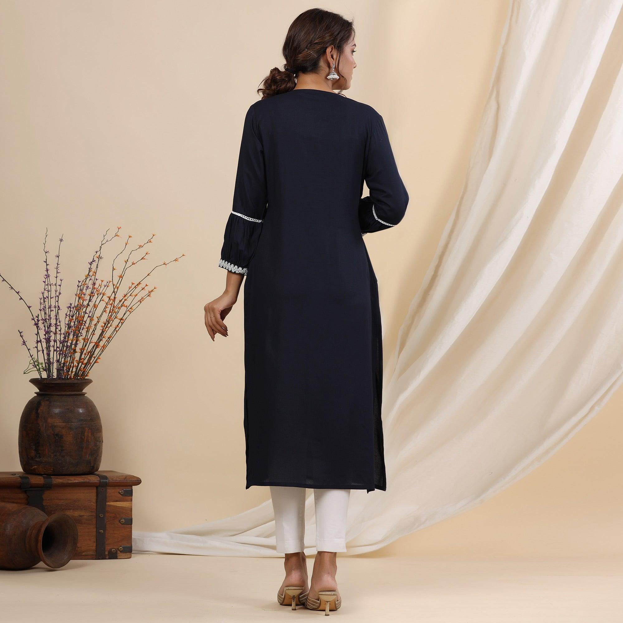 Navy Blue Floral Embroidered Rayon Kurti - Peachmode
