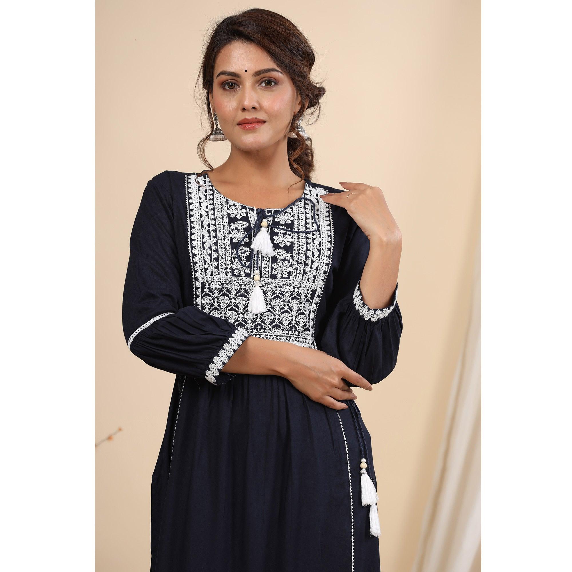 Navy Blue Floral Embroidered Rayon Kurti - Peachmode