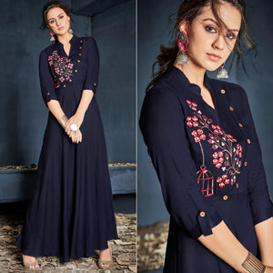 Navy Blue Floral Embroidered Rayon Long Kurti - Peachmode
