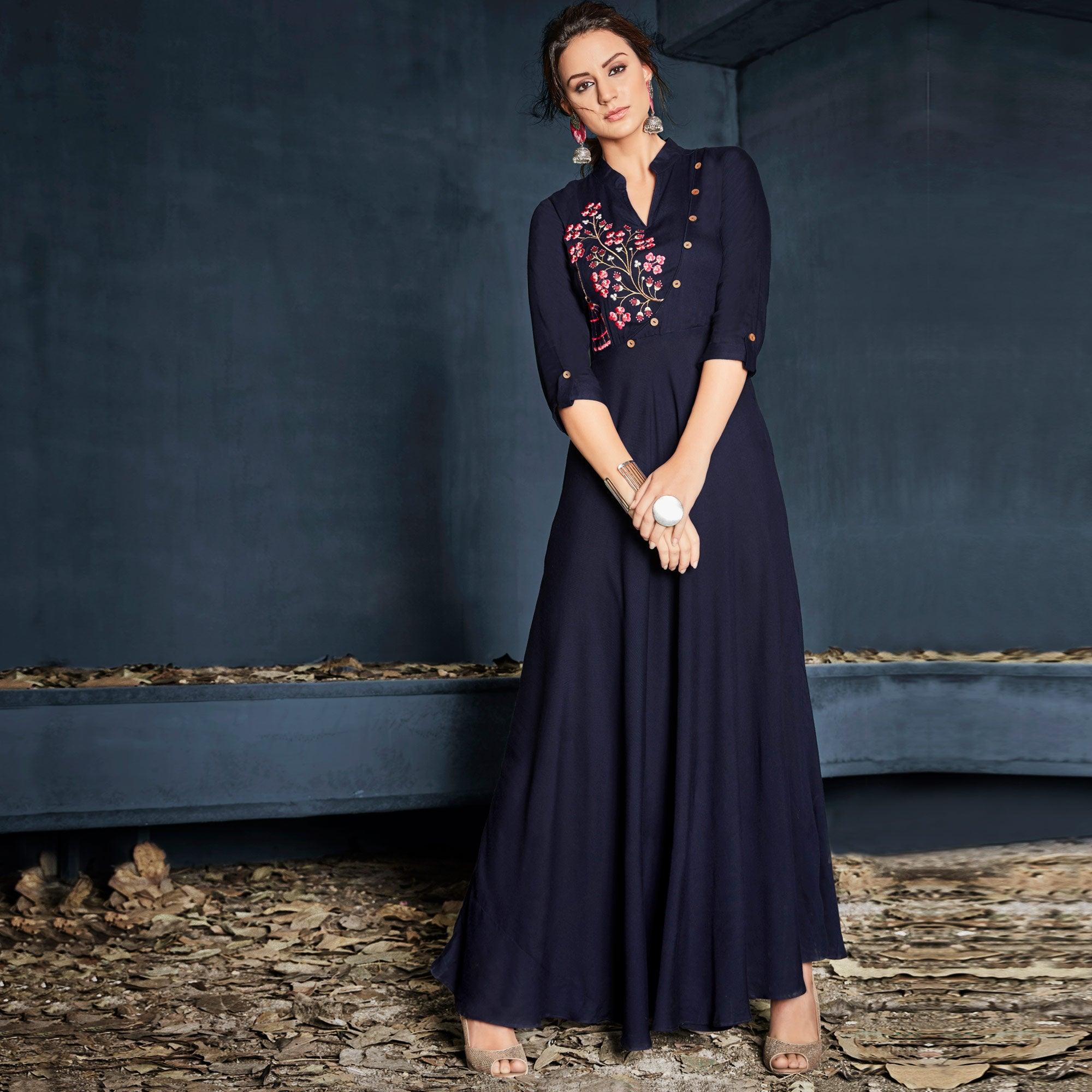 Navy Blue Floral Embroidered Rayon Long Kurti - Peachmode