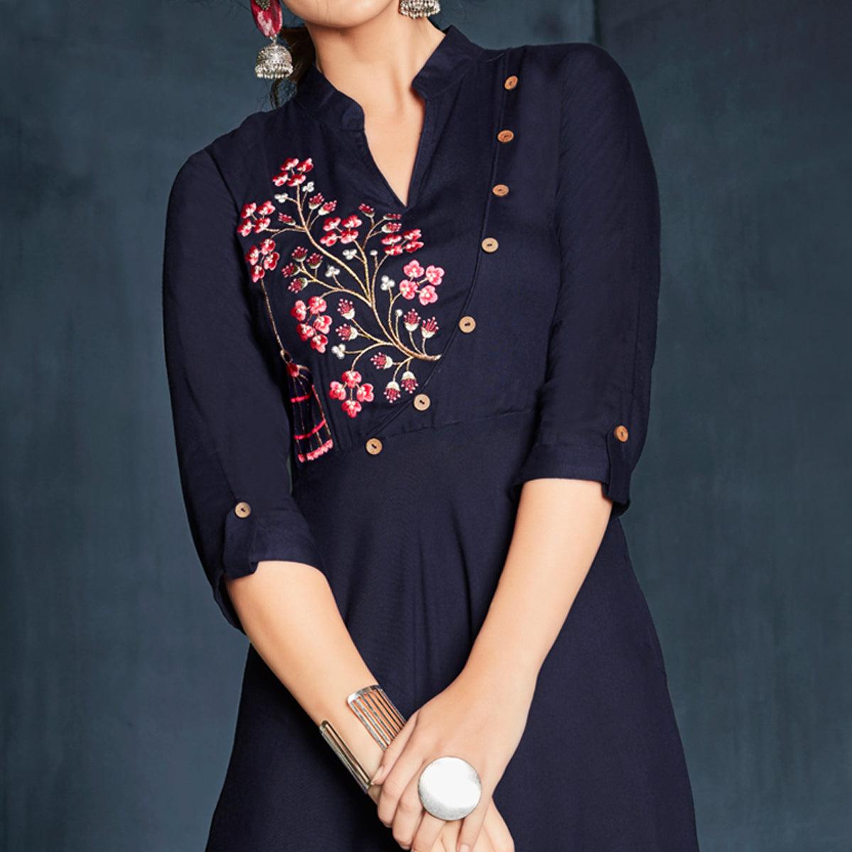 Navy Blue Floral Embroidered Rayon Long Kurti - Peachmode
