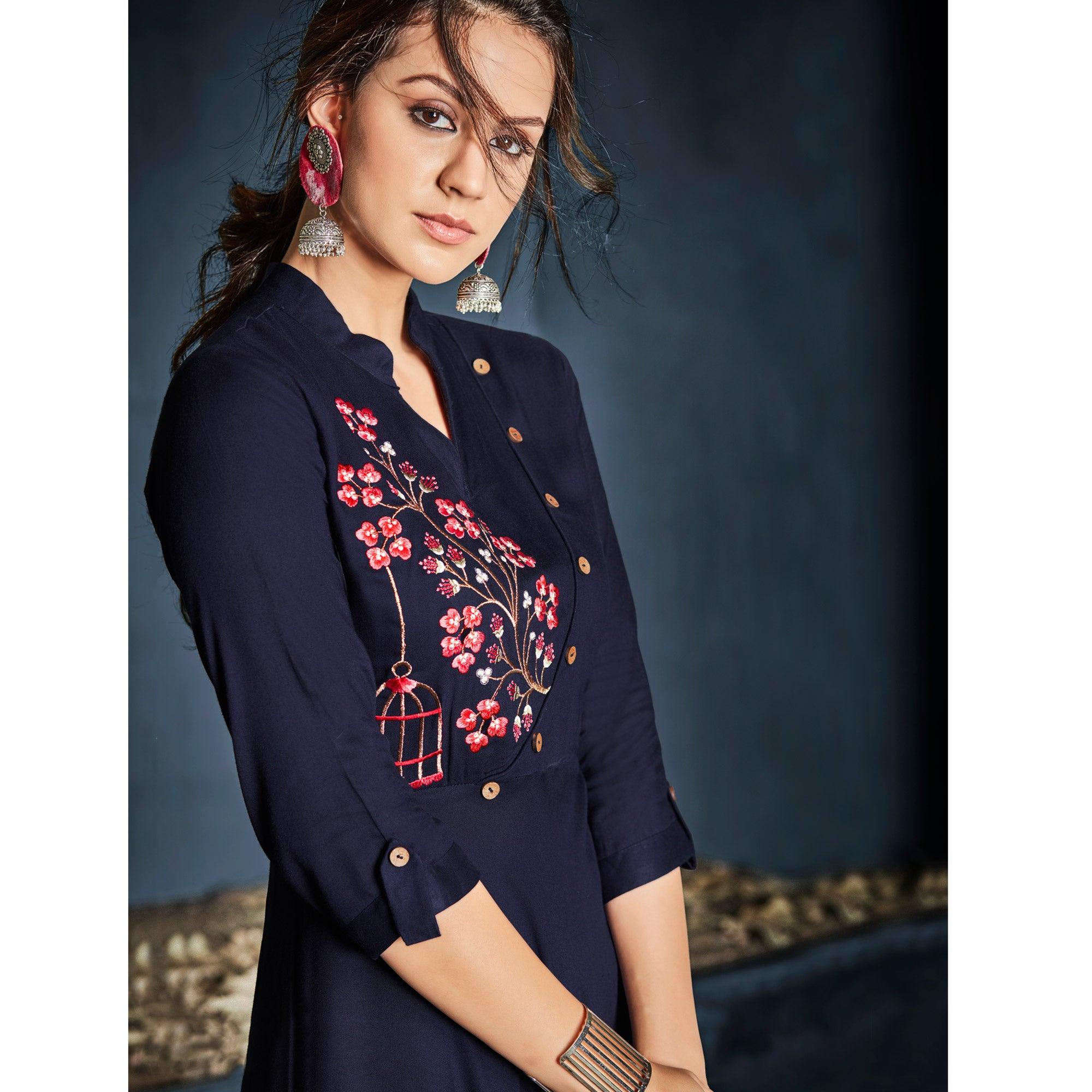 Navy Blue Floral Embroidered Rayon Long Kurti - Peachmode