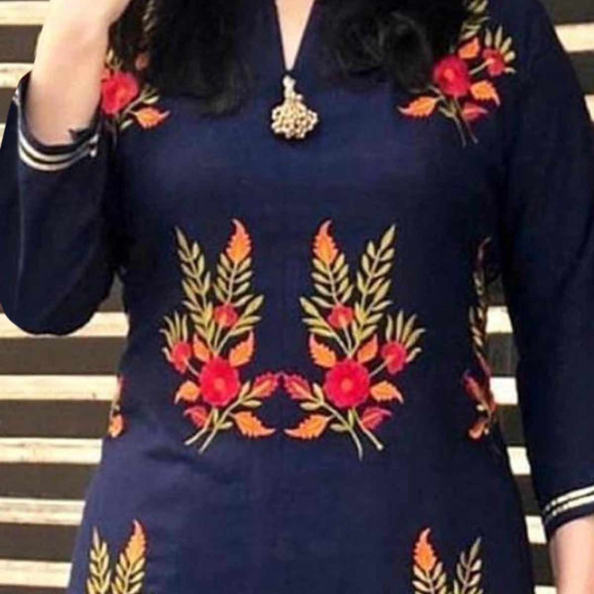 Navy Blue Floral Embroidered Rayon Palazzo Suit - Peachmode