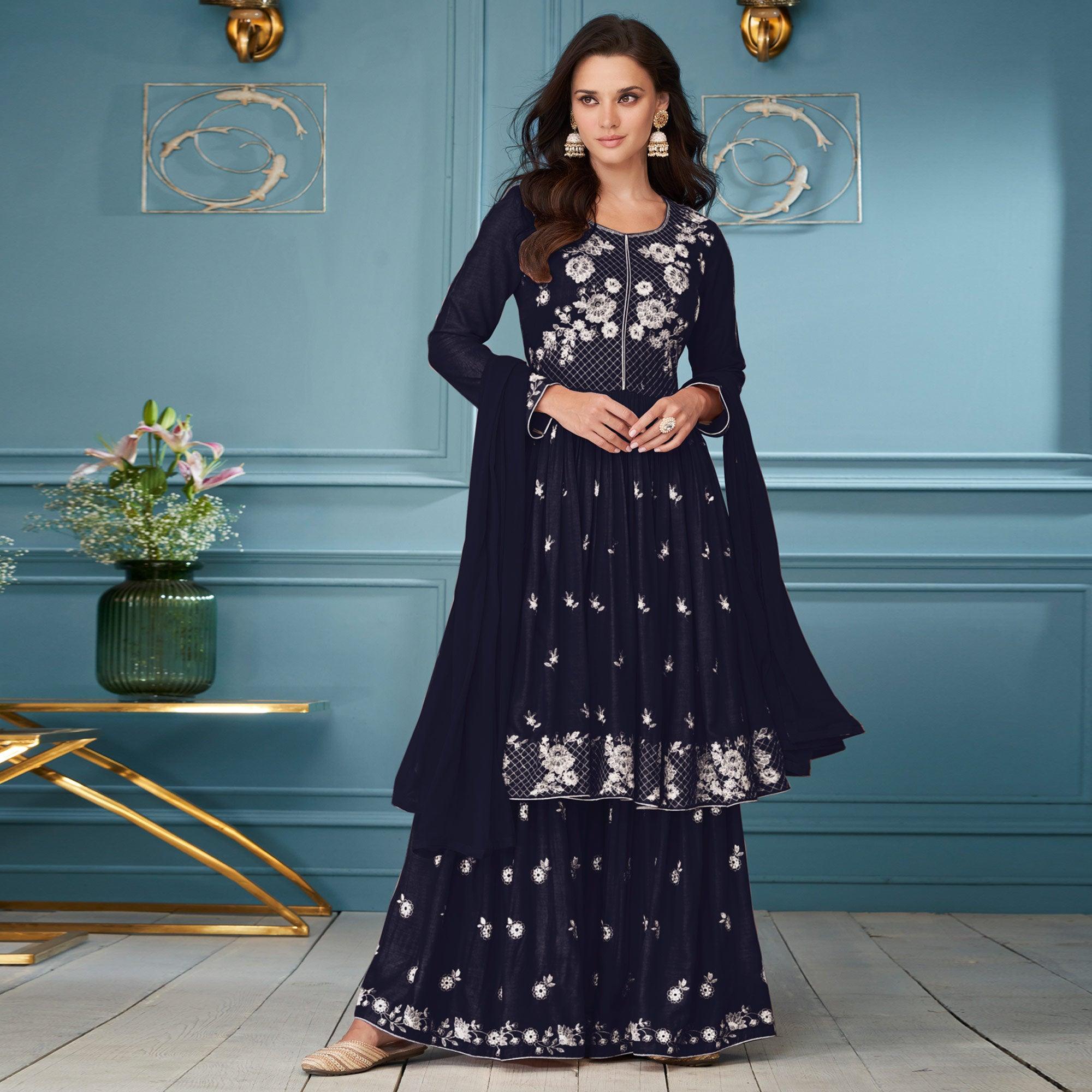 Navy Blue Floral Embroidered Rayon Palazzo Suit - Peachmode