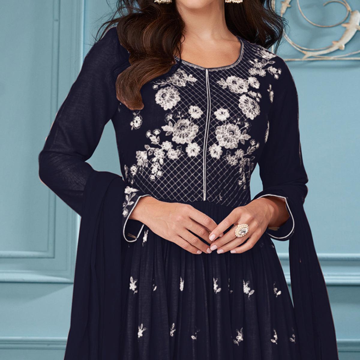 Navy Blue Floral Embroidered Rayon Palazzo Suit - Peachmode