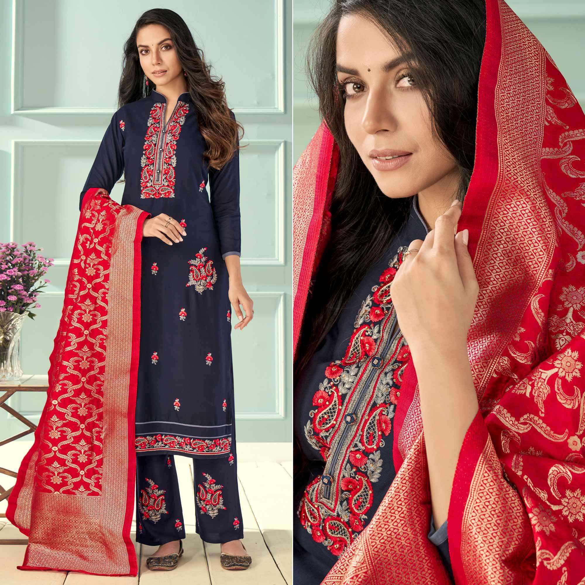 Navy Blue Floral Embroidered Rayon Partywear Suit - Peachmode