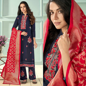 Navy Blue Floral Embroidered Rayon Partywear Suit - Peachmode