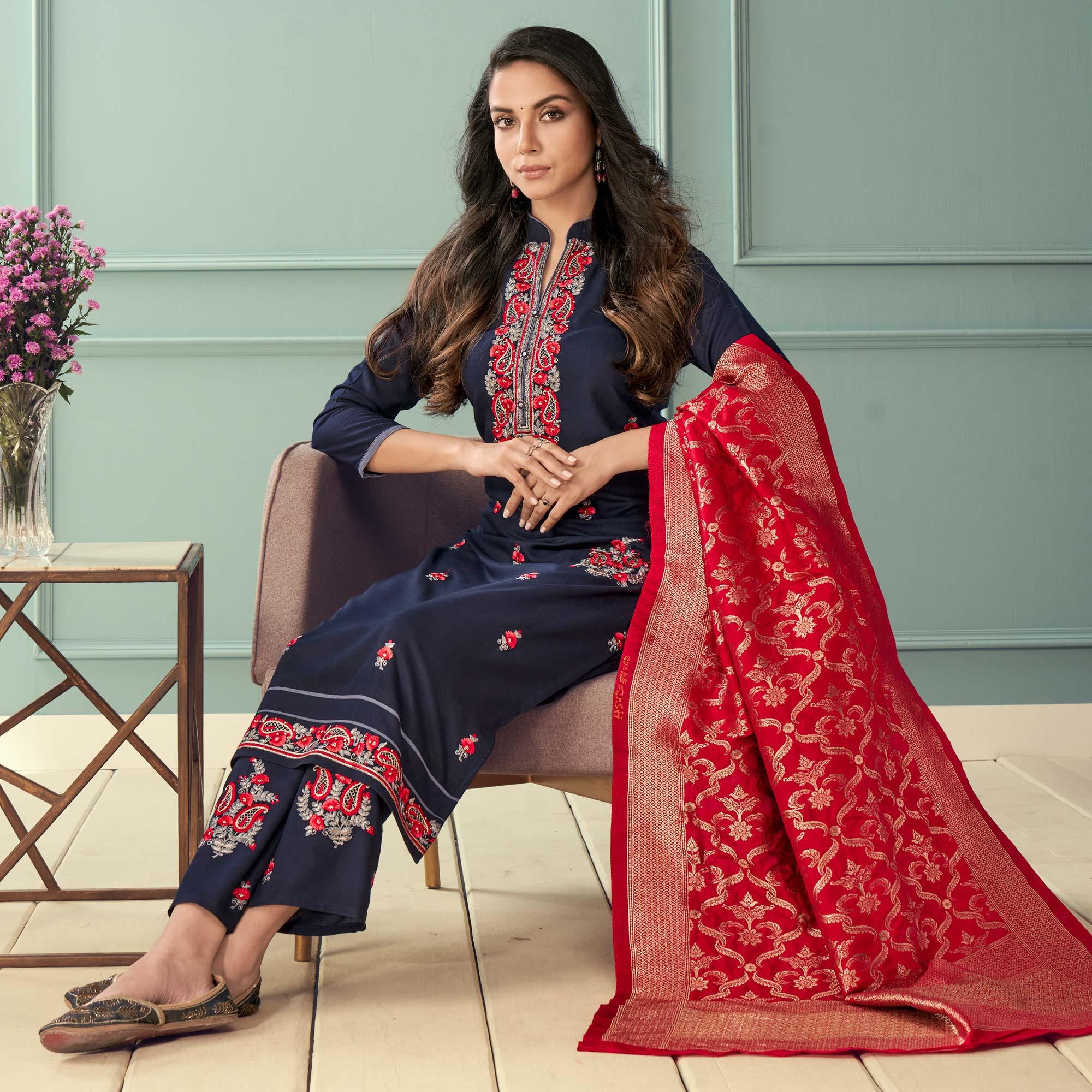 Navy Blue Floral Embroidered Rayon Partywear Suit - Peachmode