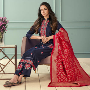 Navy Blue Floral Embroidered Rayon Partywear Suit - Peachmode