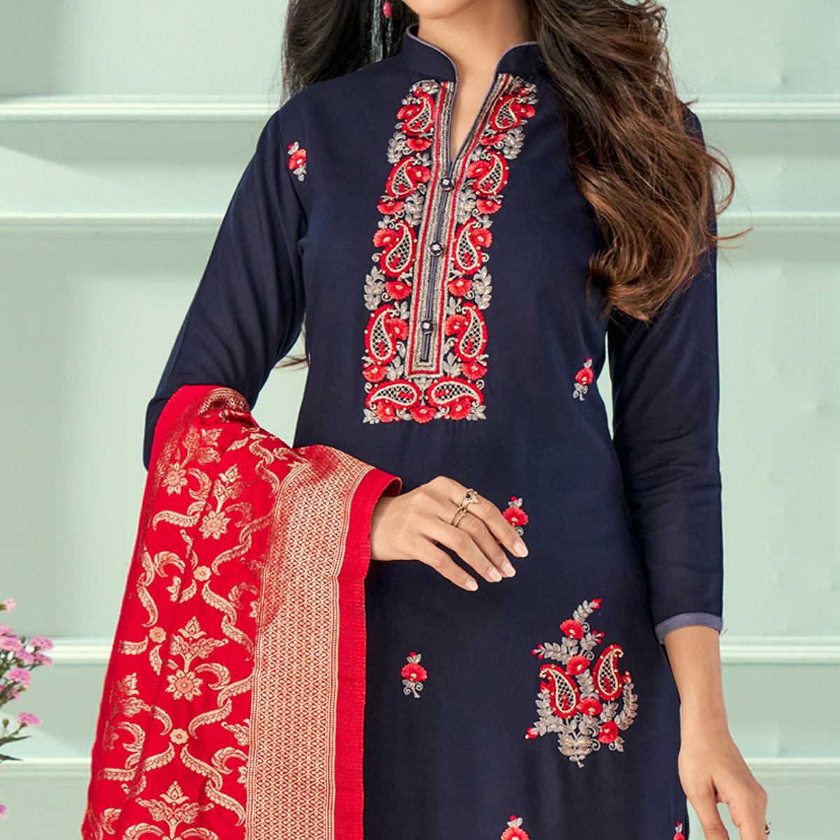 Navy Blue Floral Embroidered Rayon Partywear Suit - Peachmode
