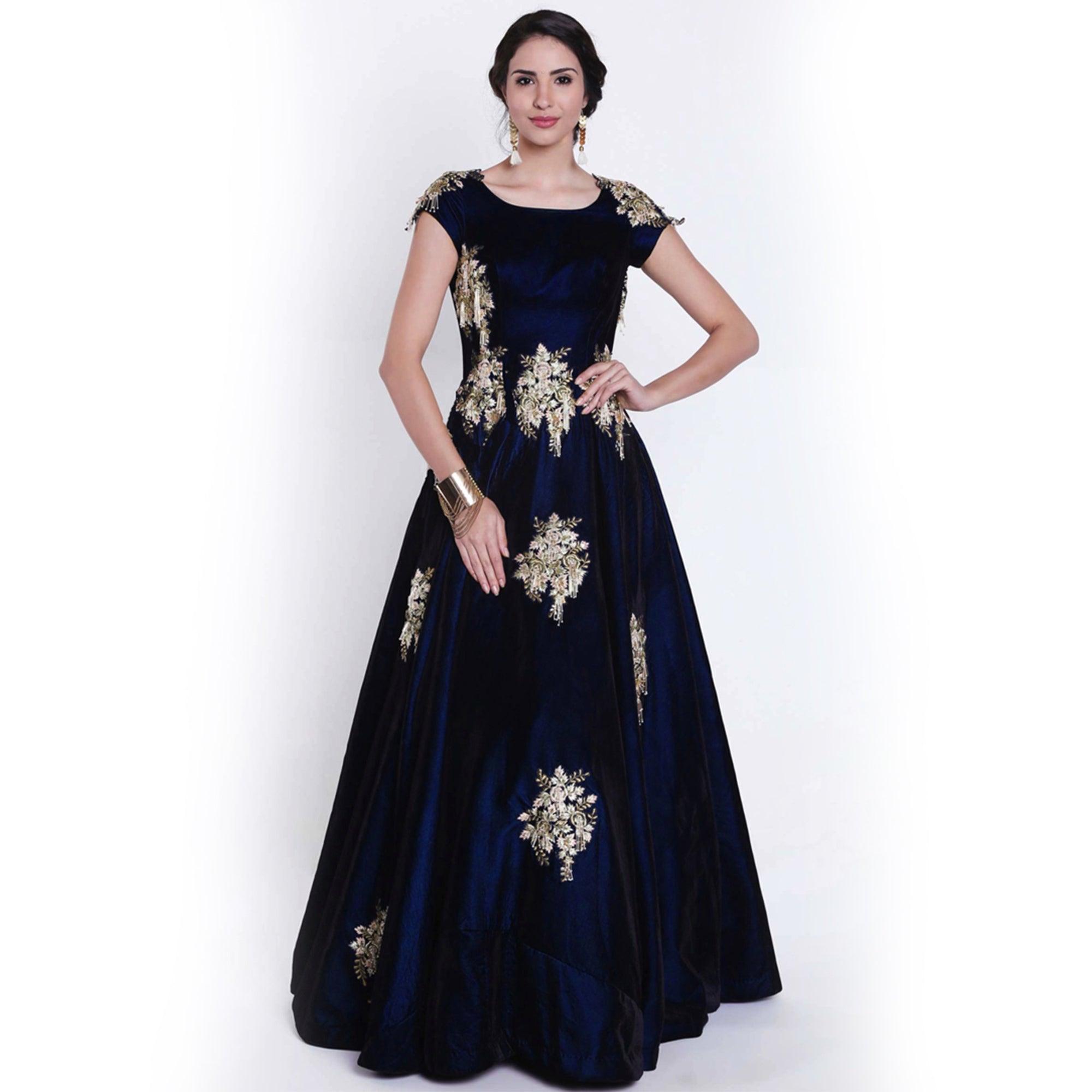 Navy Blue Floral Embroidered Velvet Gown - Peachmode