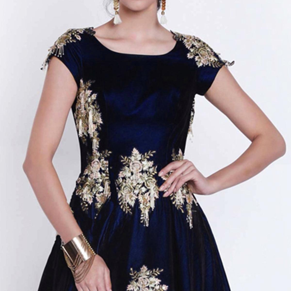 Navy Blue Floral Embroidered Velvet Gown - Peachmode