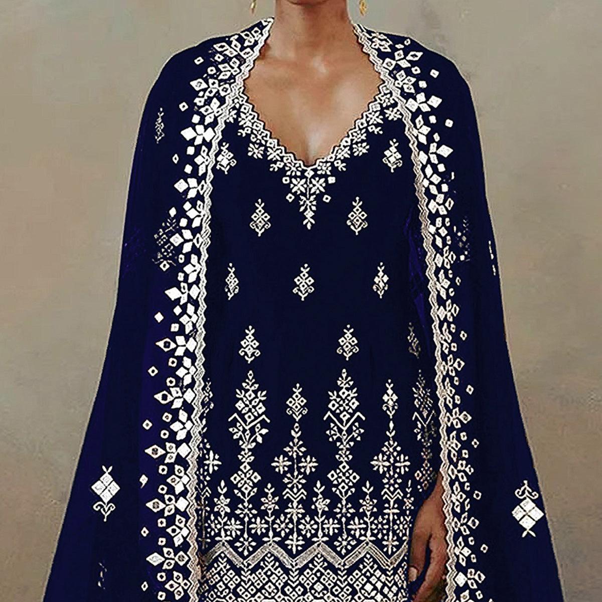Navy Blue Floral Embroidered With Mirror Work Georgette Sharara Suit - Peachmode