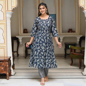 Navy Blue Floral Foil Printed Modal Kurti Pant Set - Peachmode