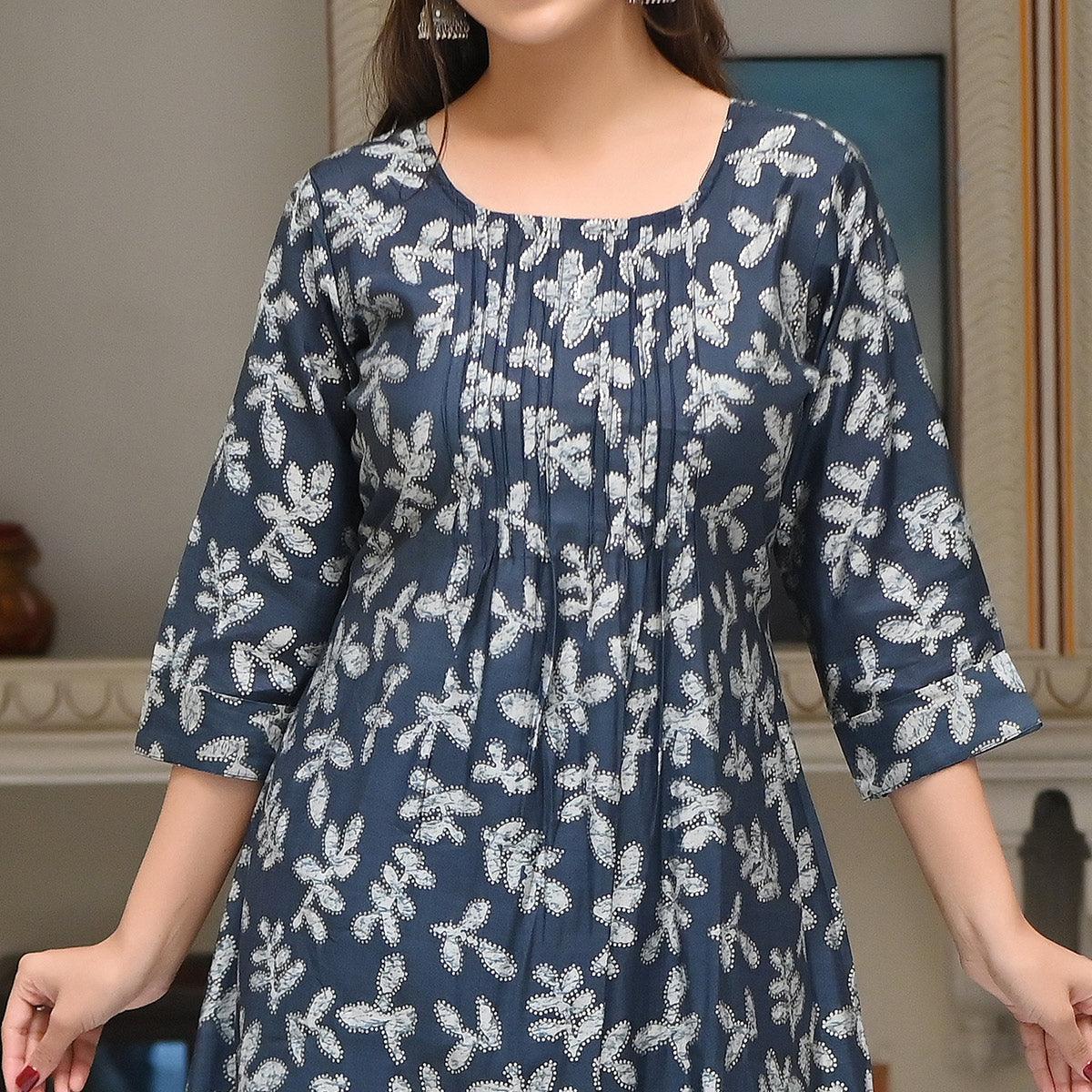 Navy Blue Floral Foil Printed Modal Kurti Pant Set - Peachmode