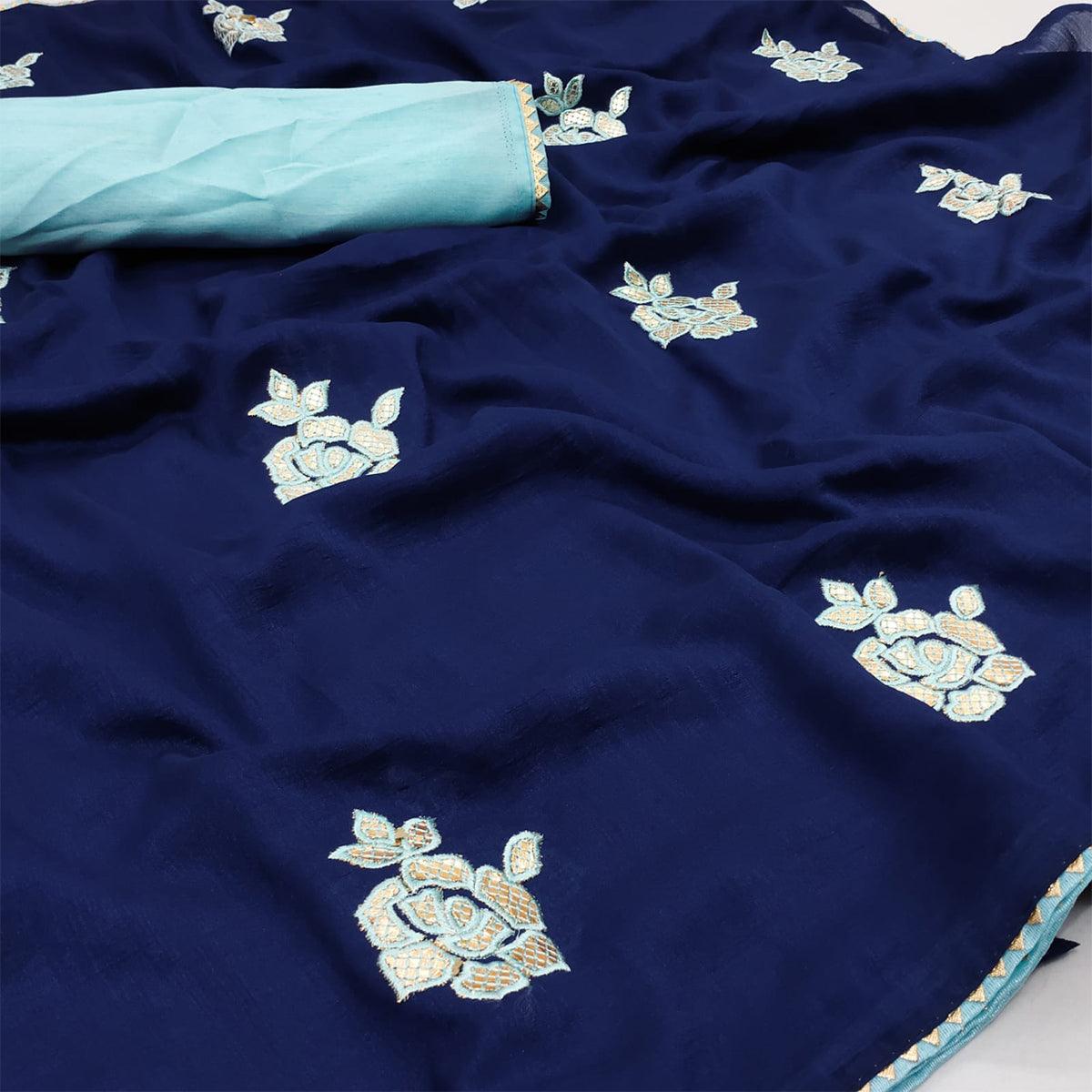 Navy Blue Floral Gota Embroidered Dola Silk Saree - Peachmode