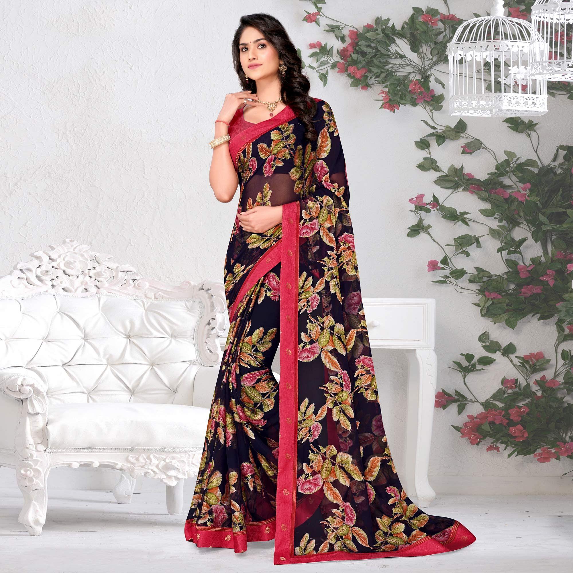 Navy Blue Floral Printed Brasso Saree - Peachmode