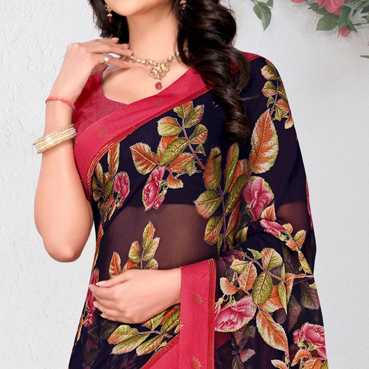 Navy Blue Floral Printed Brasso Saree - Peachmode