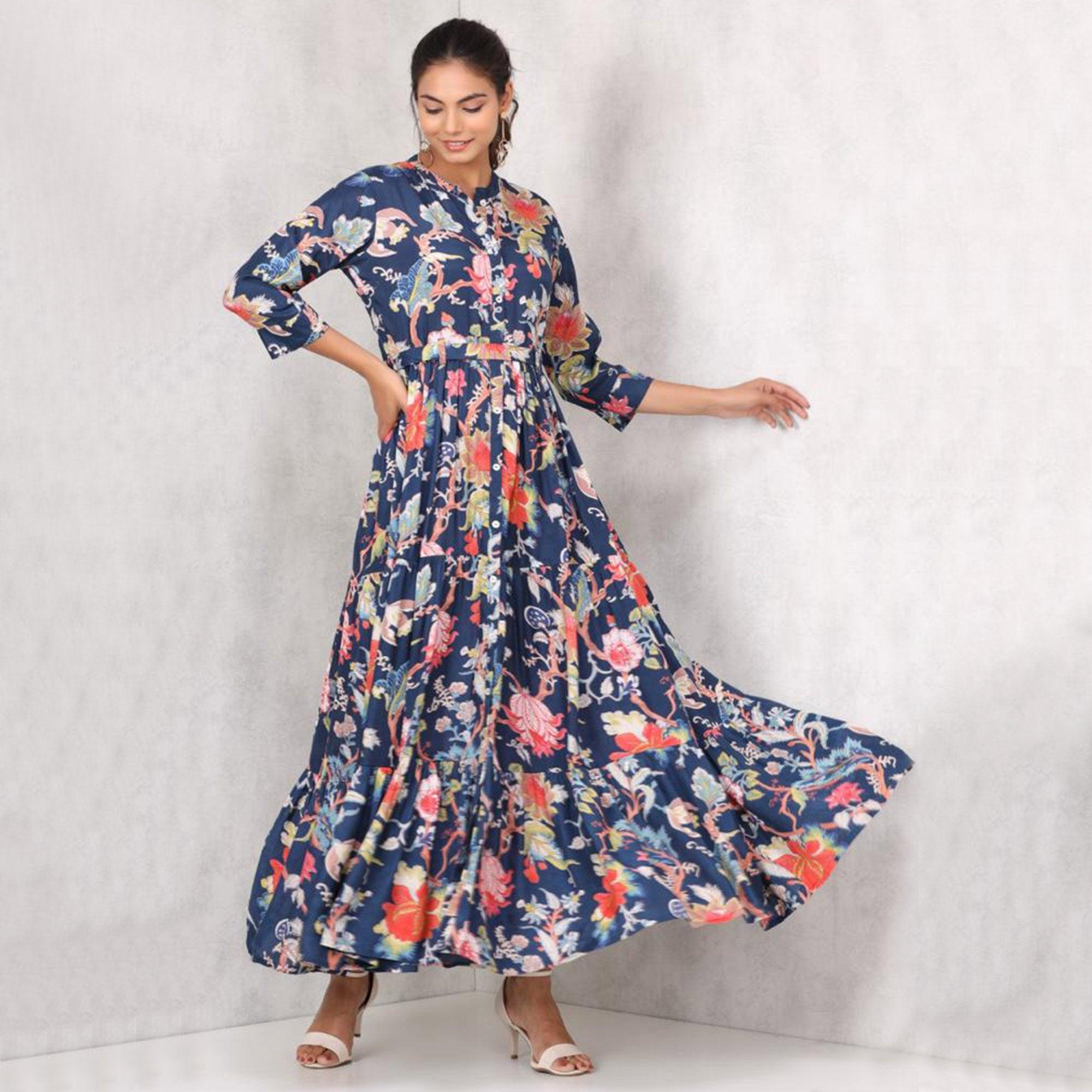 Navy Blue Floral Printed Cotton Silk Partywear Dress - Peachmode