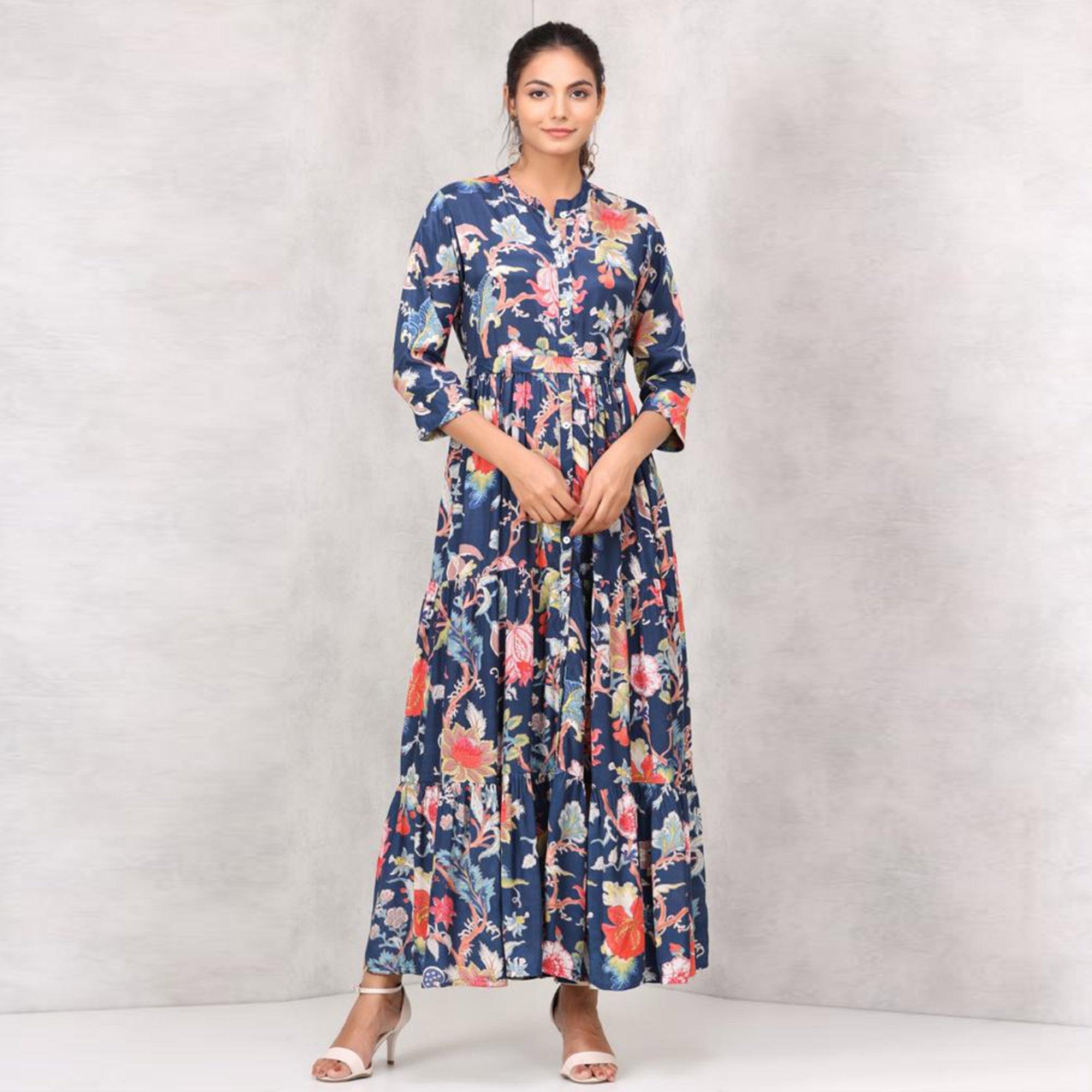 Navy Blue Floral Printed Cotton Silk Partywear Dress - Peachmode