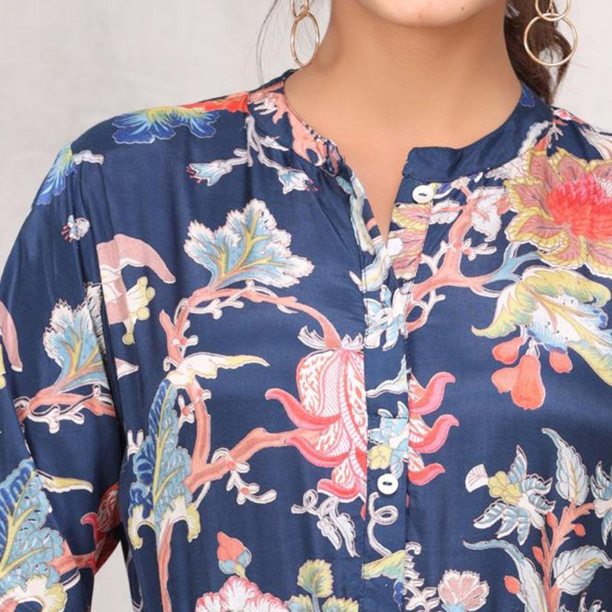 Navy Blue Floral Printed Cotton Silk Partywear Dress - Peachmode