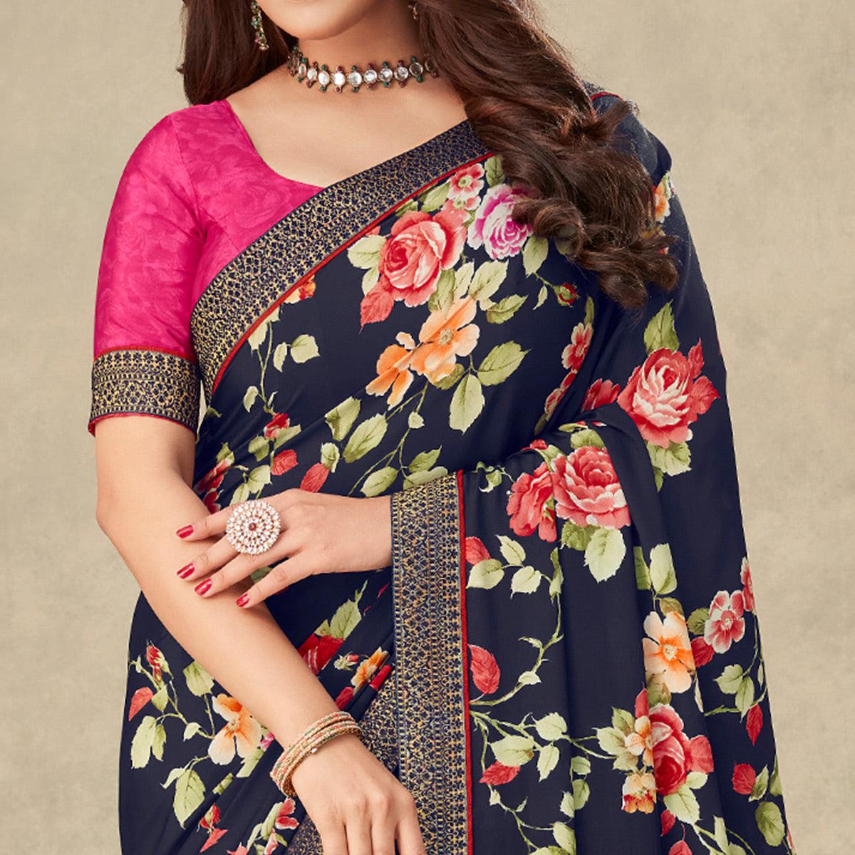 Navy Blue Floral Printed Crepe Saree - Peachmode