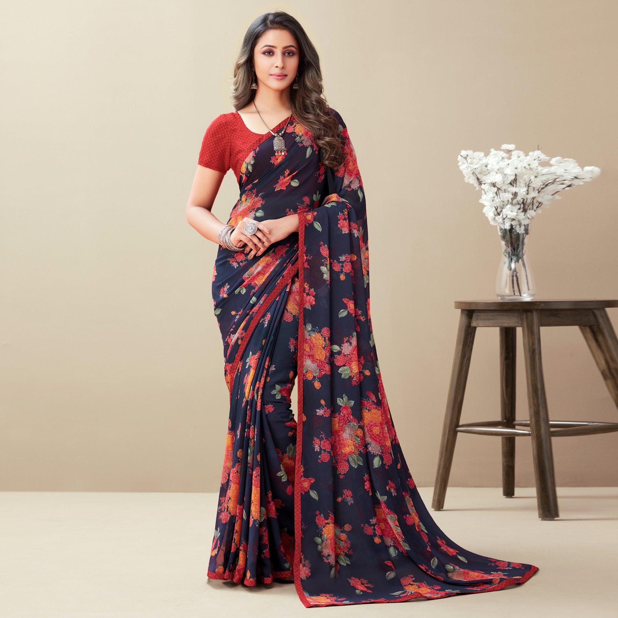 Navy Blue Floral Printed Georgette Saree - Peachmode