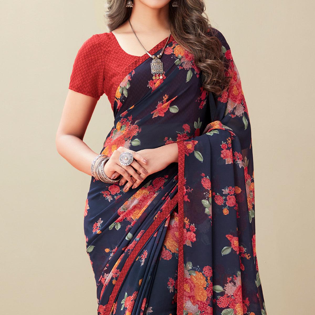 Navy Blue Floral Printed Georgette Saree - Peachmode