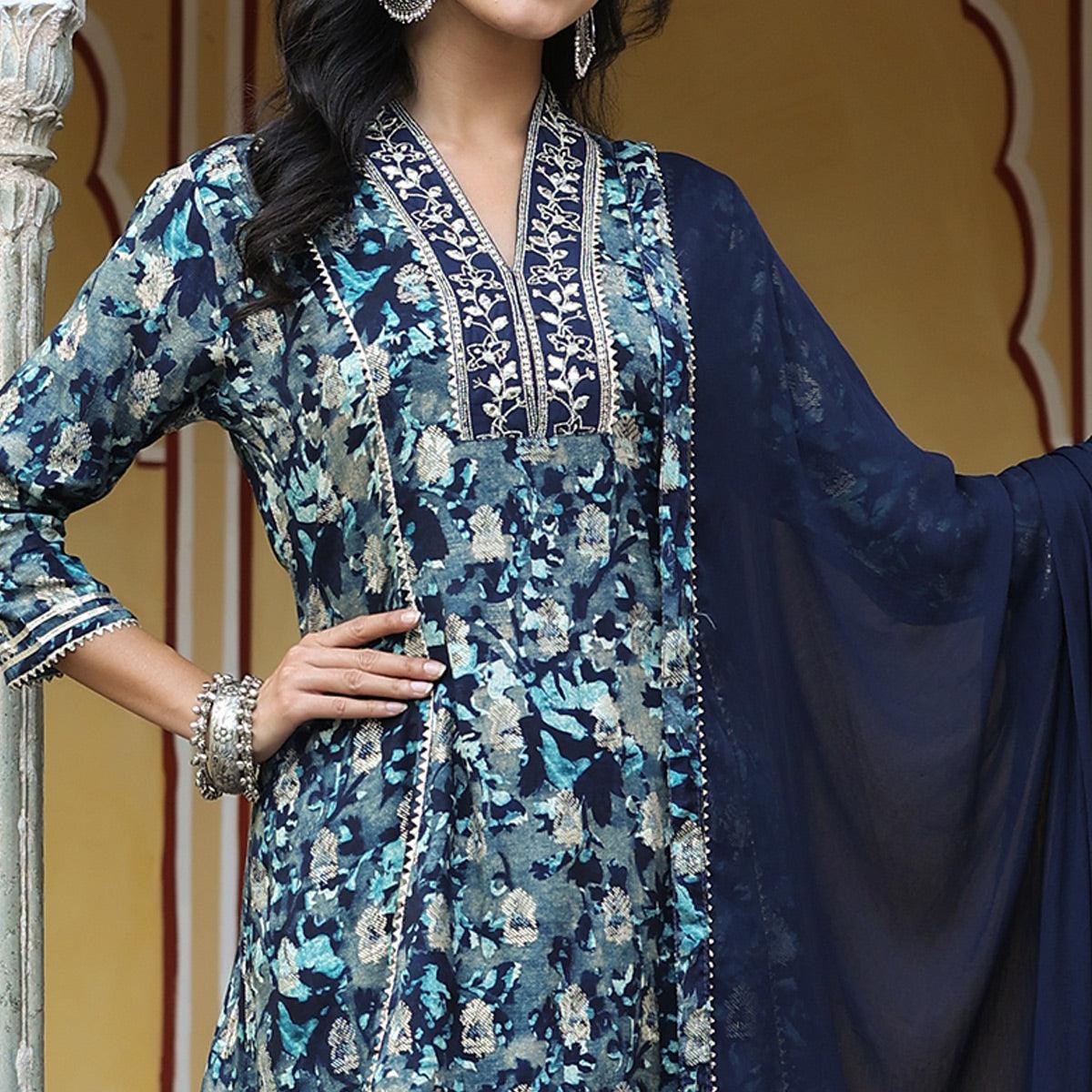 Navy Blue Floral Printed Muslin Salwar Suit - Peachmode