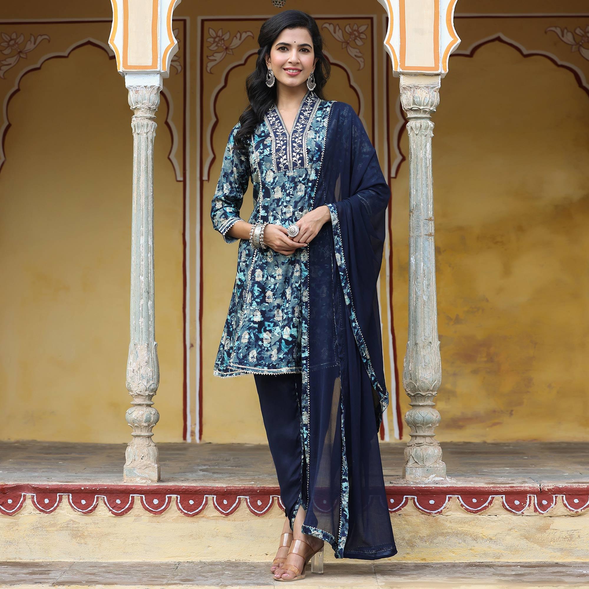 Navy Blue Floral Printed Muslin Salwar Suit - Peachmode