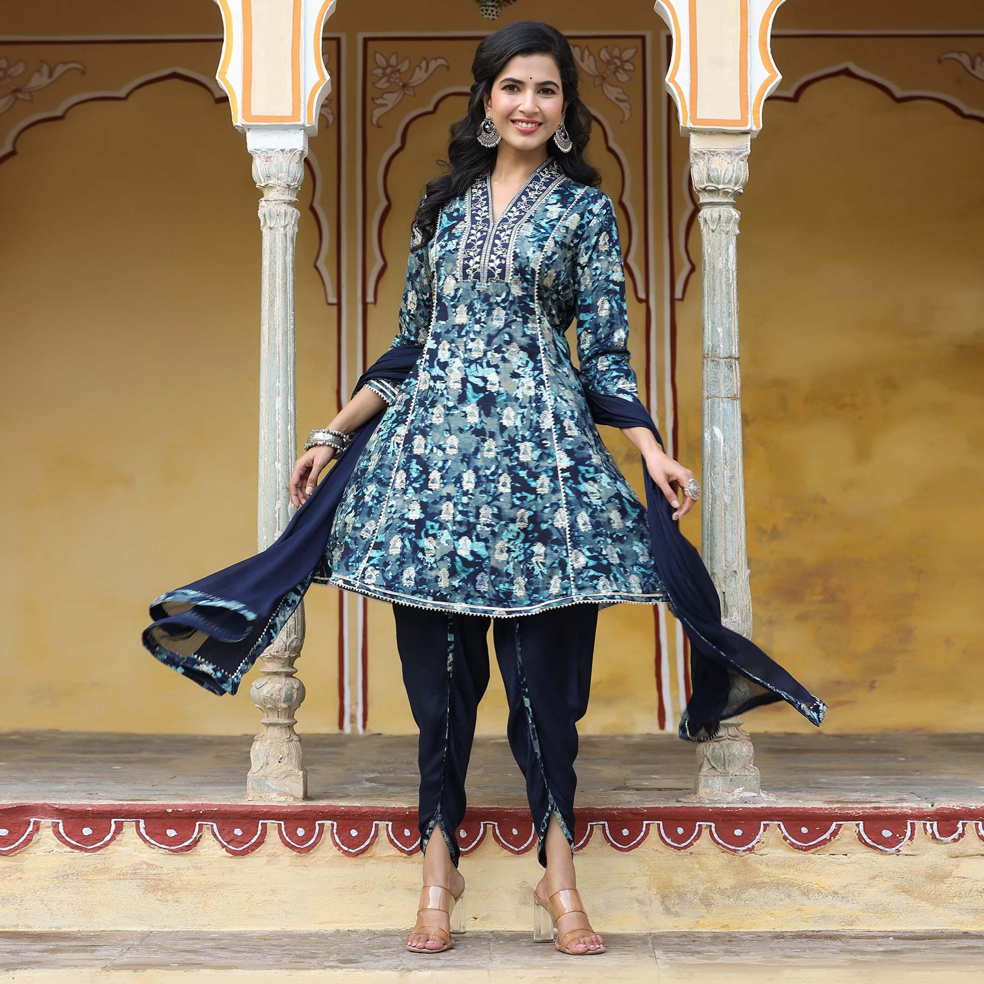 Navy Blue Floral Printed Muslin Salwar Suit - Peachmode